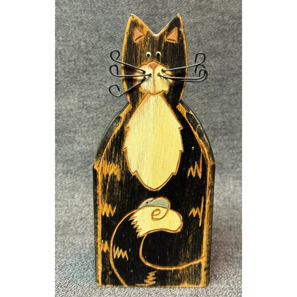 Wood Carved Black Cat Figurine Wire Whiskers Mouse Folk Art Statue Kitten Mice